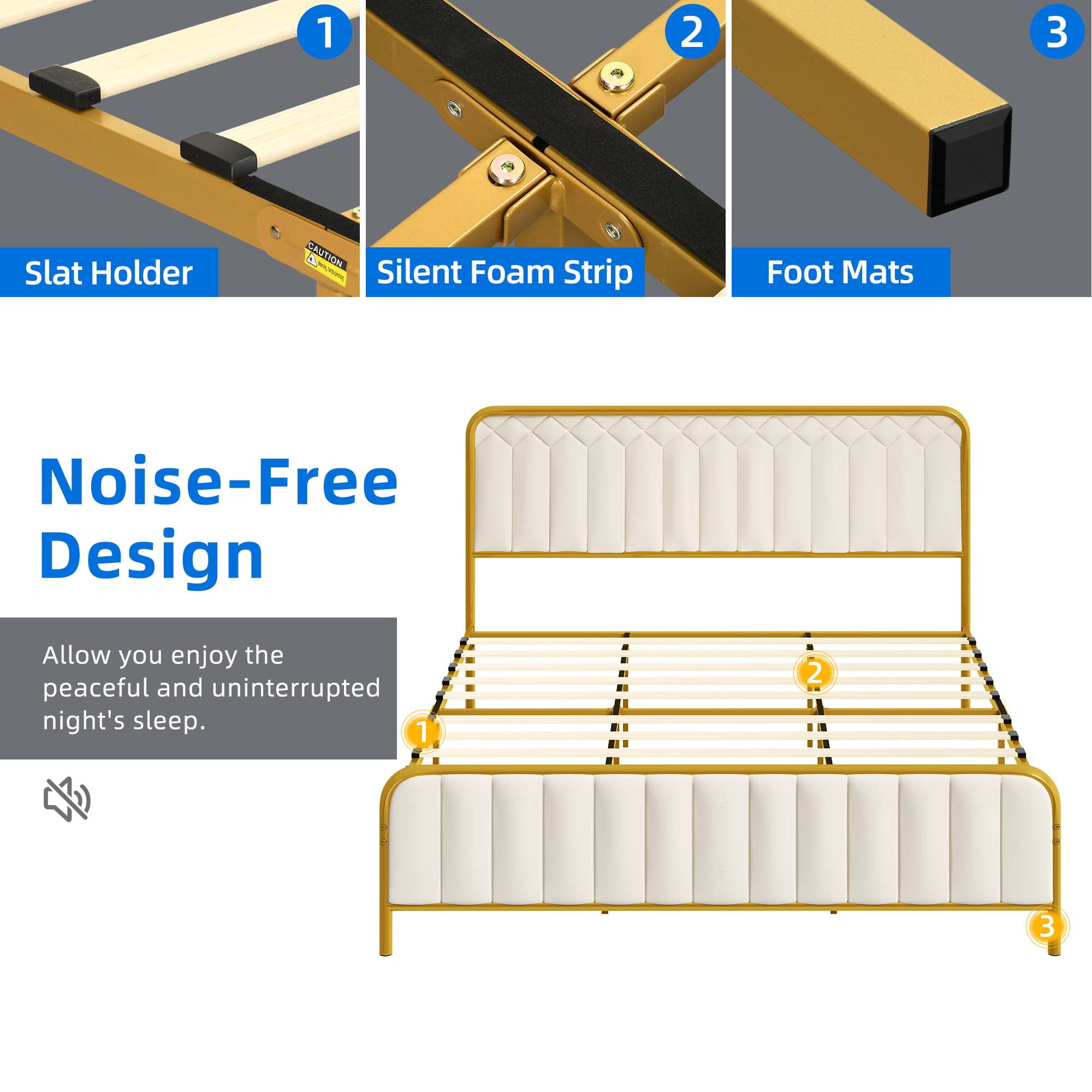 Dextrus Upholstered King Size Platform Bed Frame with Headboard, Wooden Slats Mattress Foundation with Soundproof Cotton, No Box Spring Needed, Beige