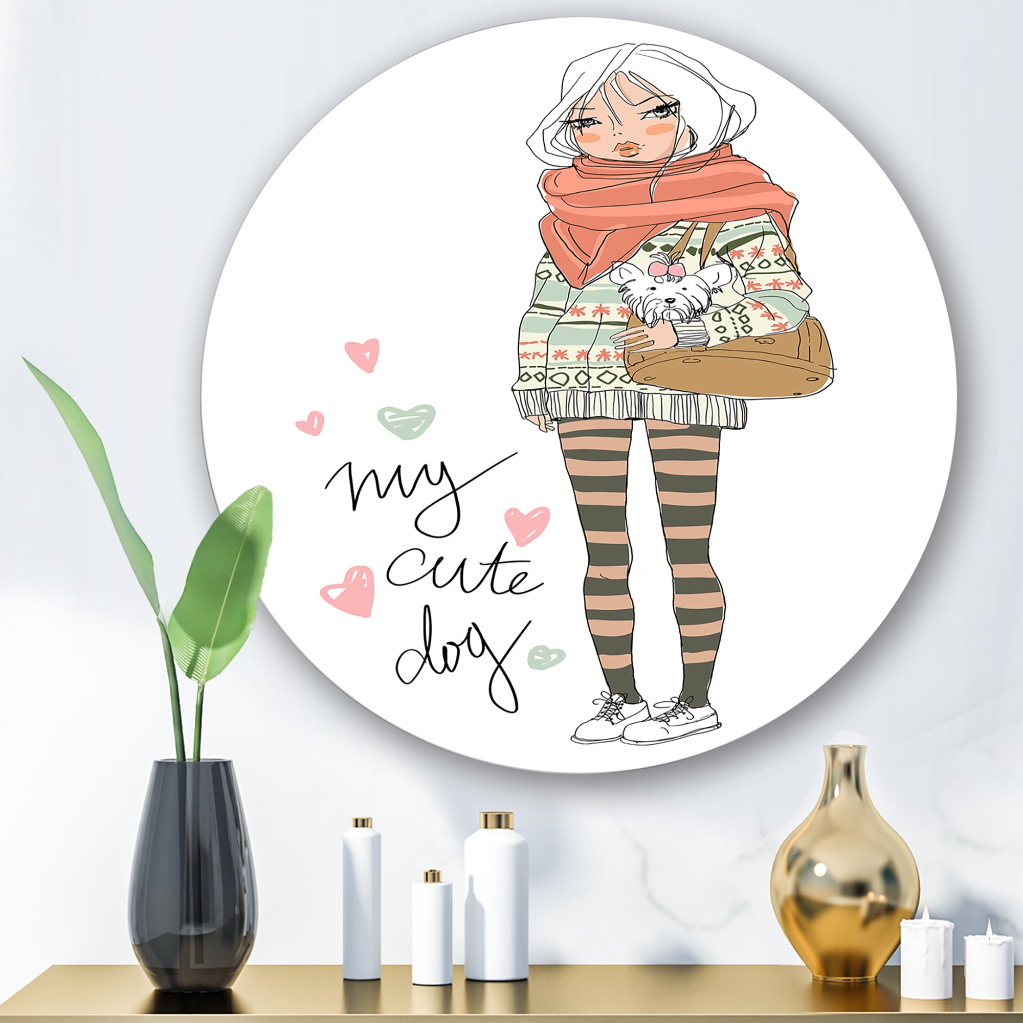 Designart 'My Cute Dog Cute Girl With Dog' Shabby Chic Circle Metal Wall Art 23x23 - Disc of 23