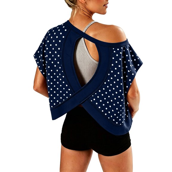 EliteGoogv Crop Tops For Women Polka Dot Print Batwing Sleeve Back Cutout Women Tops Cropped Summer Casual Women Shirts Trendy Streetwear Crop Tees Navy XS