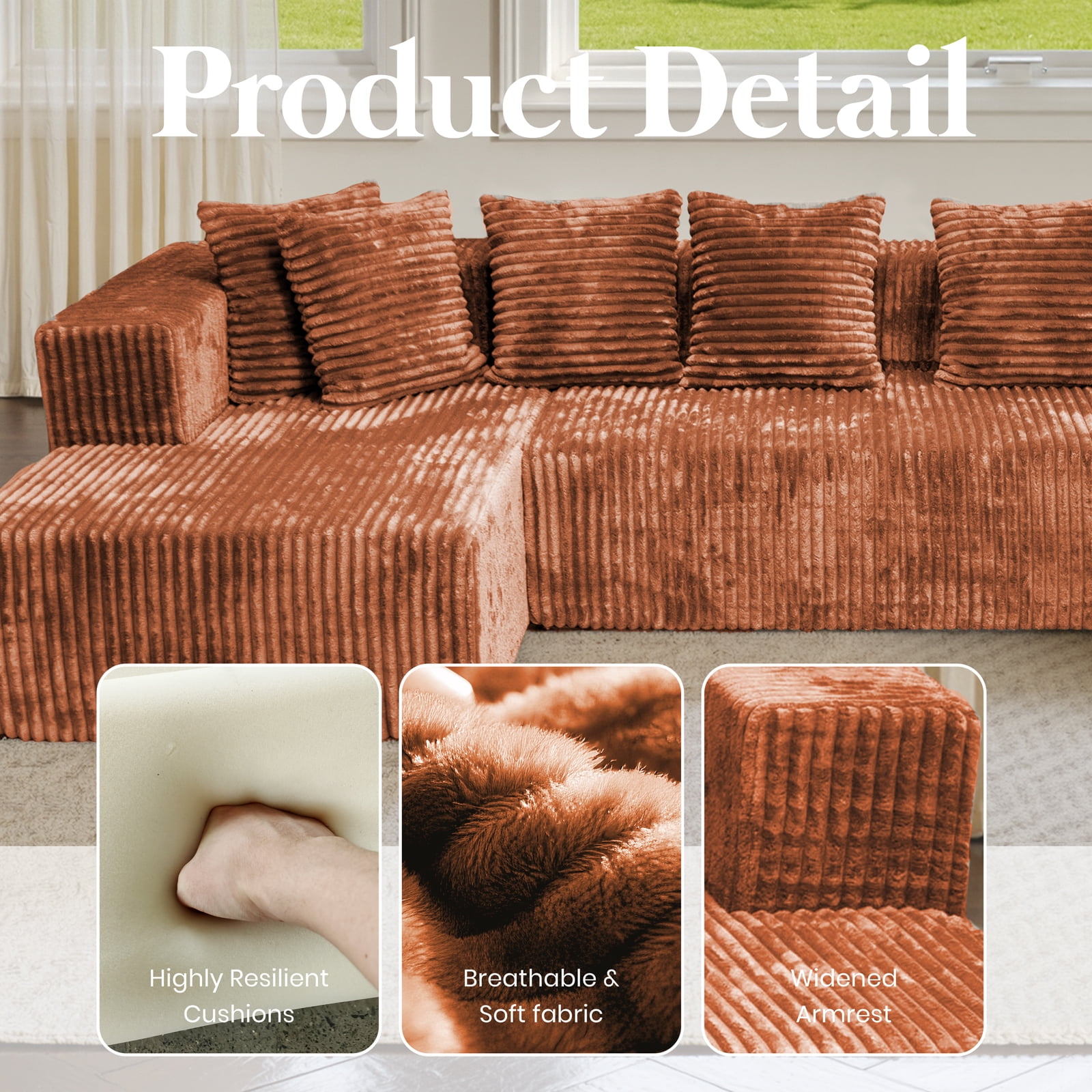 Kelyda 130'' U Shaped Sectional Couches, Modern Deep Seat Foam Boneless Cloud Sofa for Living Room Brown