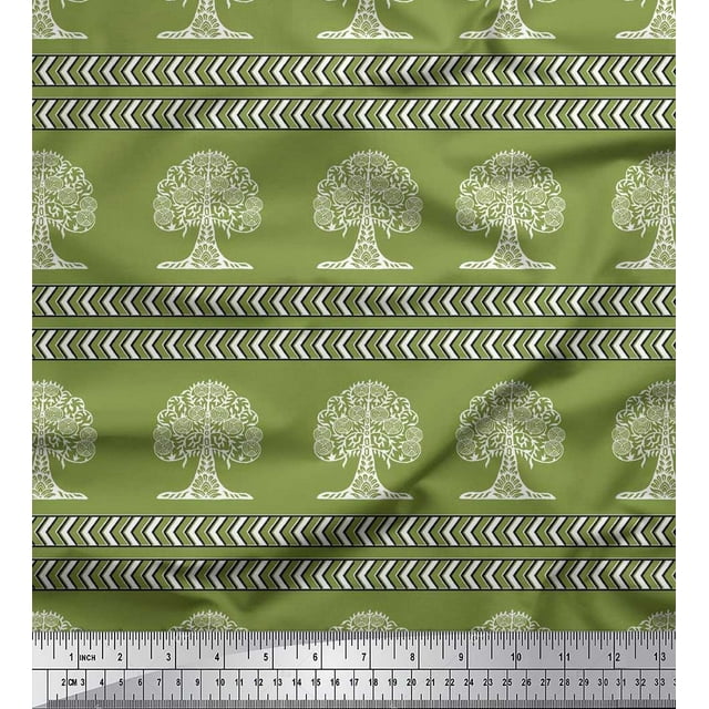 Soimoi Moss Georgette Fabric Arrow & Tree Block Printed Fabric 1 Yard 42 Inch Wide