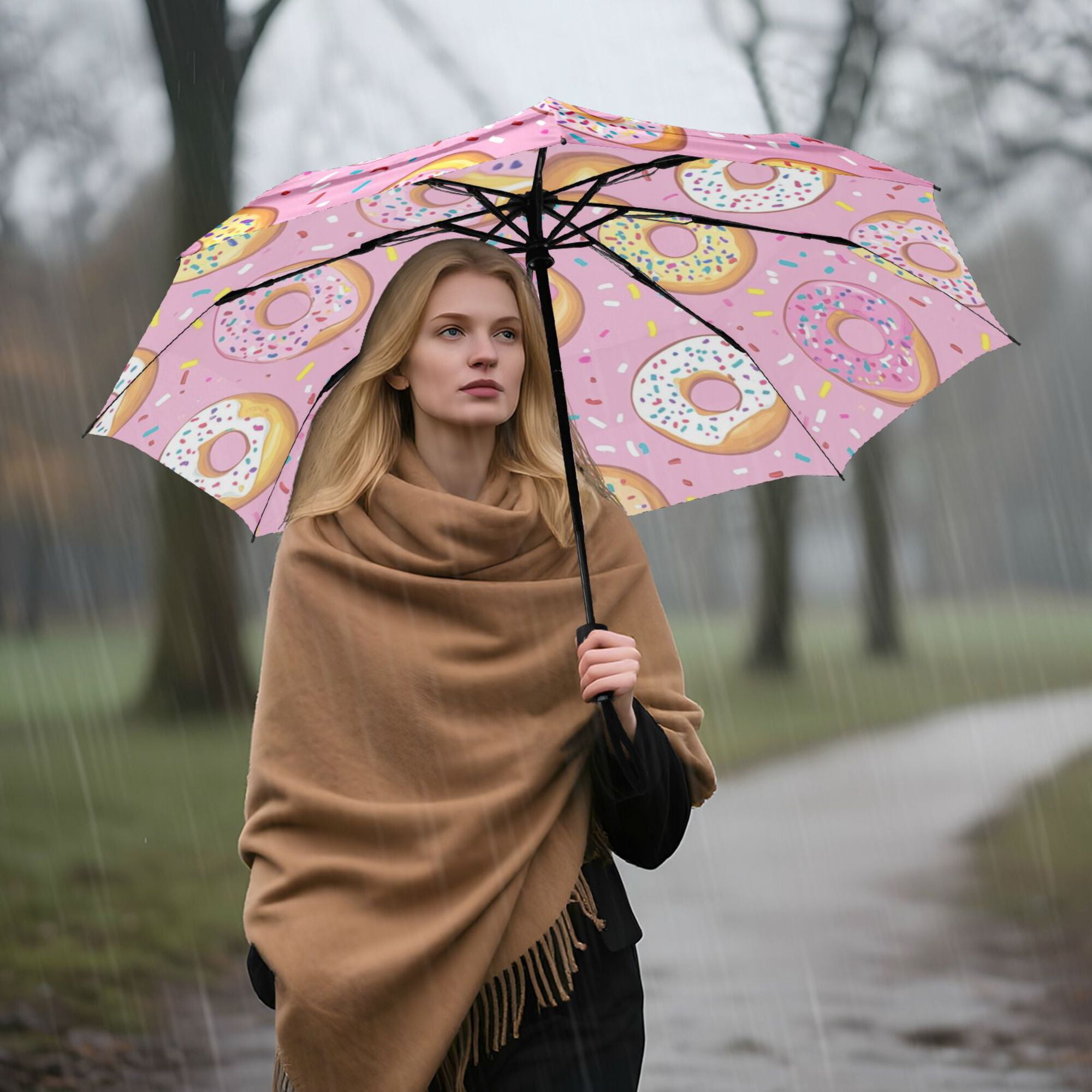 21" Inch Auto Open Close Folding Umbrella Windproof Waterproof Full Print 8-Rib Compact Travel Umbrella for Rainy Days Multicolor Sprinkled Donuts