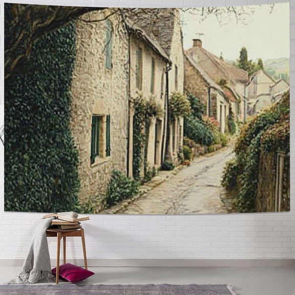 Patifu  European Tapestry, British Town with Stone Houses Retro England Countryside Buildings Image Print, Wall Hanging for Bedroom Living Room Dorm Decor 40x30inch