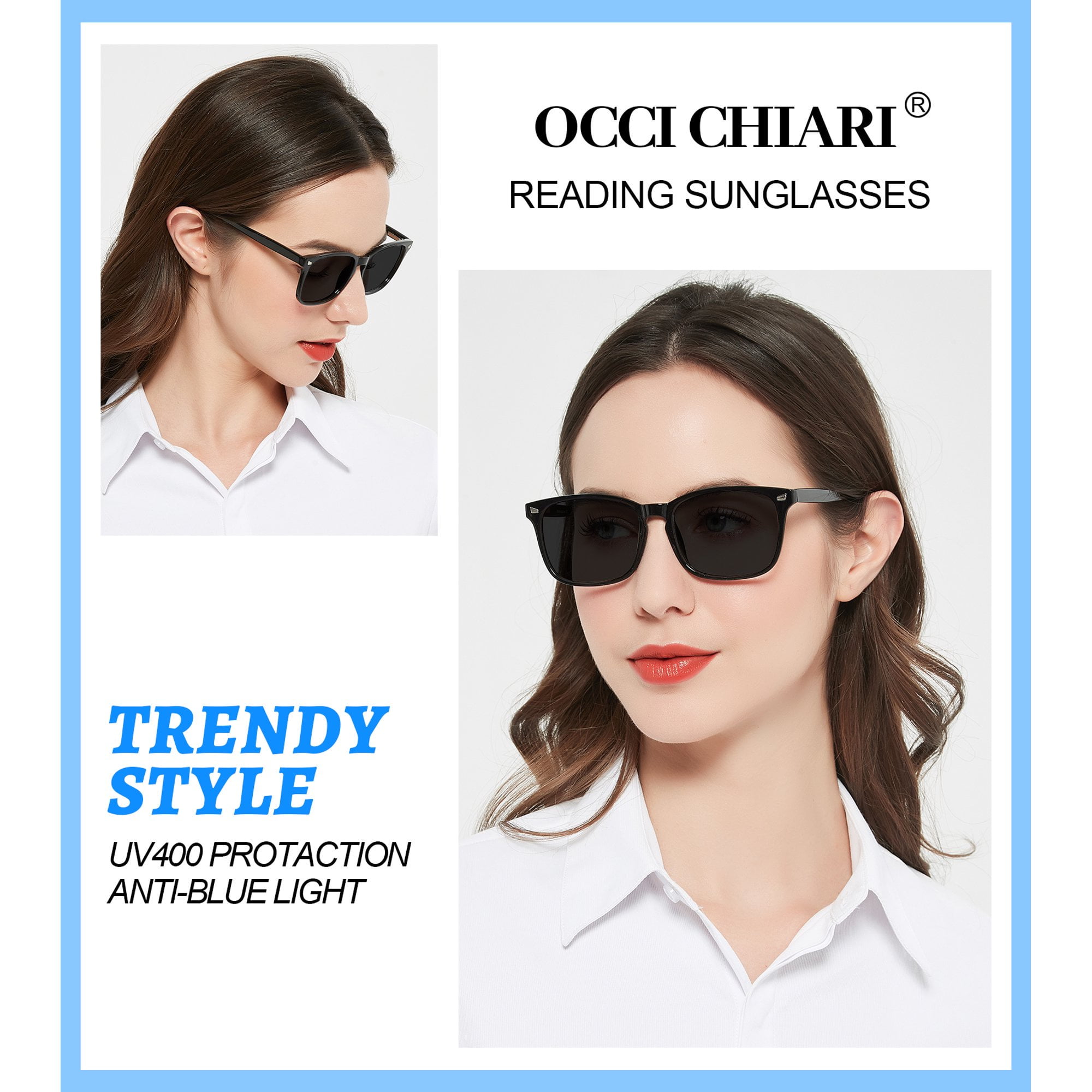 OCCI CHIARI Reading Sunglasses 3.0 Women's Trendy Sun Readers 1.00 1.25 1.50 1.75 2.00 2.25 2.50 2.75 3.00 3.50 4.00 5.00 6.00 (Black) UV Protection Blue Light Blocking Outdoors Arylic Lens