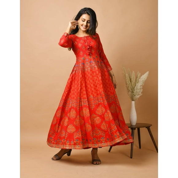 Red Gold Printed Ethnic Anarkali Dress