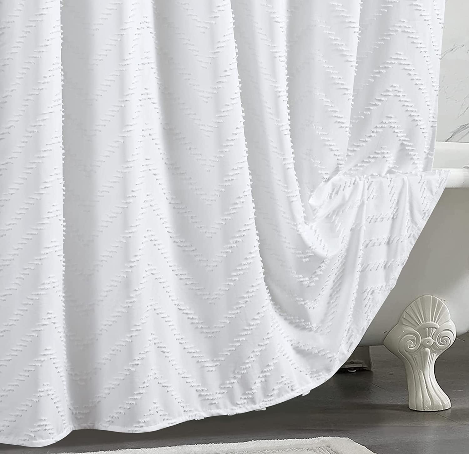 White Boho Shower Curtain for Bathroom 72'' x 72'' Modern Shabby Chic Textured Tufted