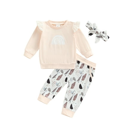 

Suanret 3Pcs Autumn Toddler Baby Girls Outfit Rainbow Fly Sleeve Tops + Leaves Printing Long Pants + Headwear Set Pink 6-9 Months