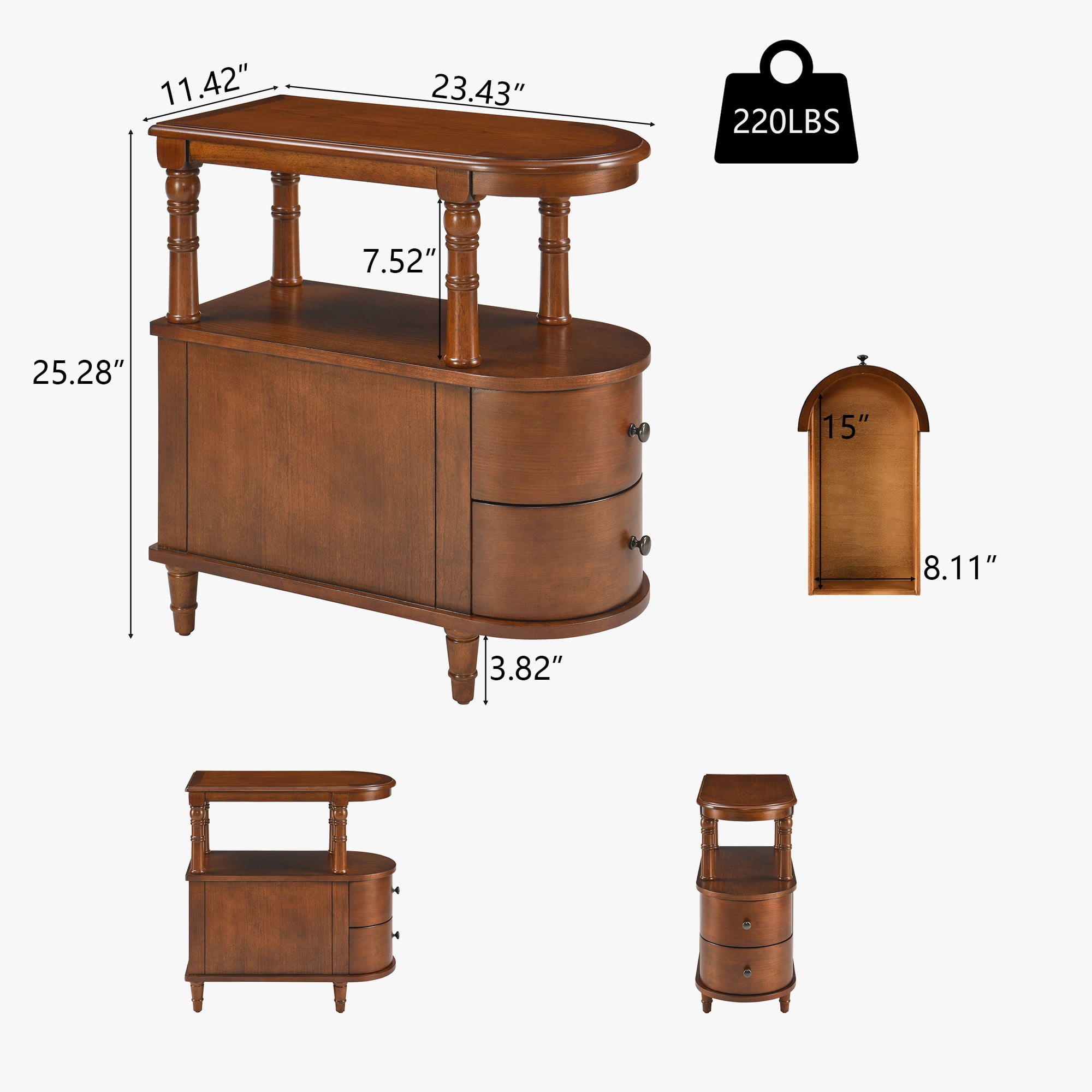 Solid Wood End Table with 2 Drawers, Narrow Sofa Side Table Slim Chair Side Table with Storage Shelf, Vintage Slim Nightstand Bedside Table (Beewax Tone）