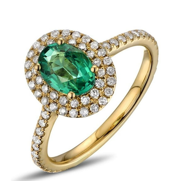 Vintage Look 2.25 Carat Green Emerald 8x6mm Oval Shape And Moissanite Diamond Double Halo Engagement Ring in 10k Yellow Gold