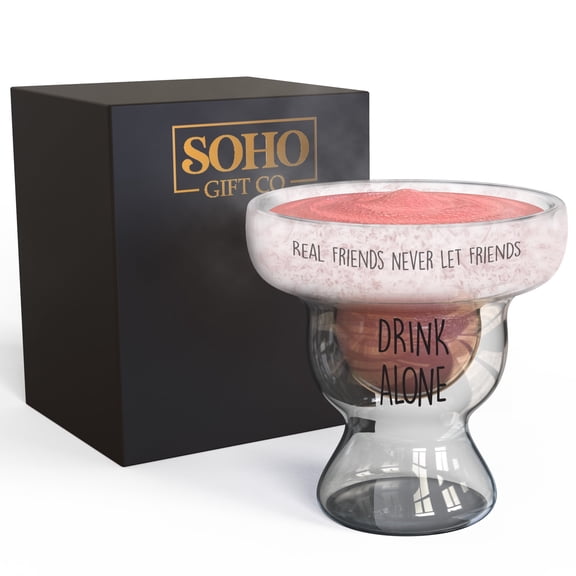 SoHo Margarita Glass Best Friend Gift for Women, 12oz Insulated Double Walled Frozen Drinking Stemless Cup Gift for Christmas/Birthday "Real Friends Never Let Friends Drink Alone (Gift Boxed)