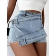 thumbnail image 4 of Women'S High Waisted Denim Skorts with Asymmetrical Button Wrap Design Light Blue 4XL, 4 of 7