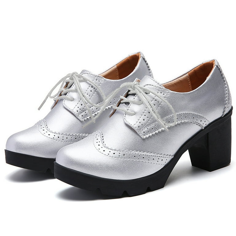 Xfvqtps Ladys Oxford Shoes British Style Chunky Heel Platform Hollow Out  Wingtips Toe Lace Up Solid Color Fashion Retro Classic Leather Brogues Shoes  Silver