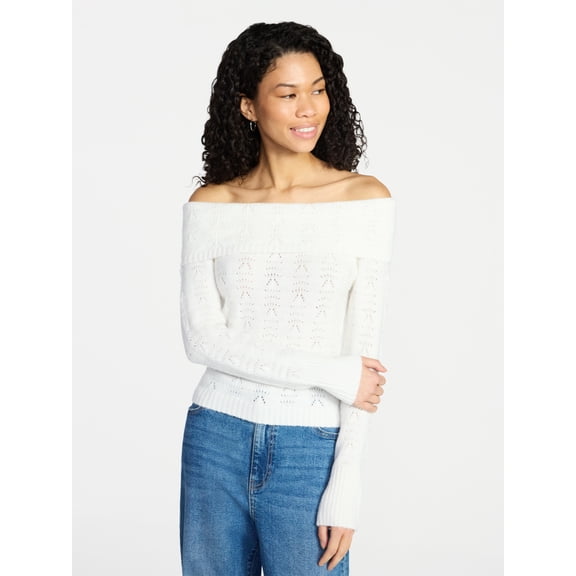 No Boundaries Pointelle Off-The-Shoulder Pullover Sweater, Lightweight, Women's XXS-XXL