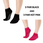 6 Pair Yoga Socks Black & Hot Pink Gripper Socks Ideal for Dance, Fitness No Slip, Non Skid Socks FREE Eyeglass Pouch by Juniper's Secret. (5-8, Black/Hot Pink)