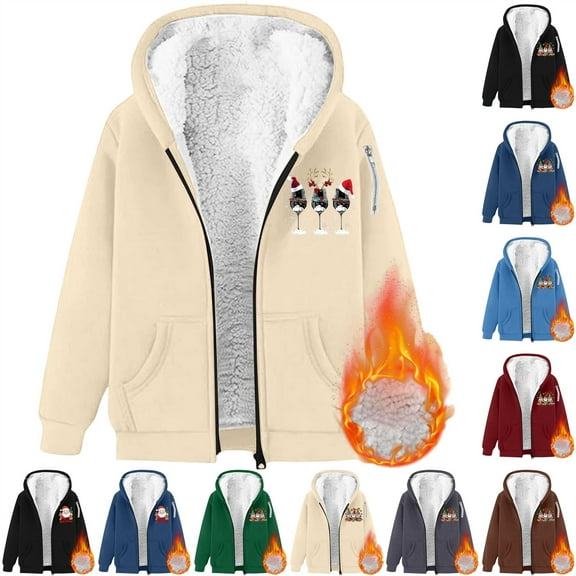 QIUOMBBP Winter Jackets for Women Plus Size Sherpa Lined Full Zip Hoodies Wine Glass Print Long Sleeve Fleece Sweatshirts, Gray, XXXL