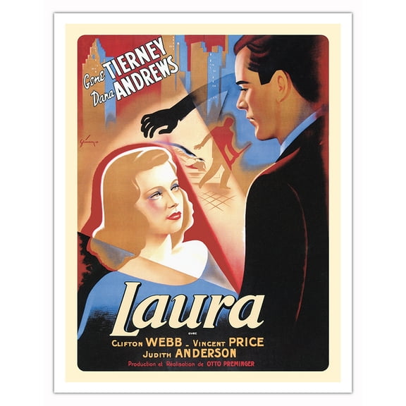 Laura - Starring Gene Tierney, Dana Andrews - Vintage French Movie Poster by Boris Grinsson c.1944 - Fine Art Matte Paper Print (Unframed) 11x14in