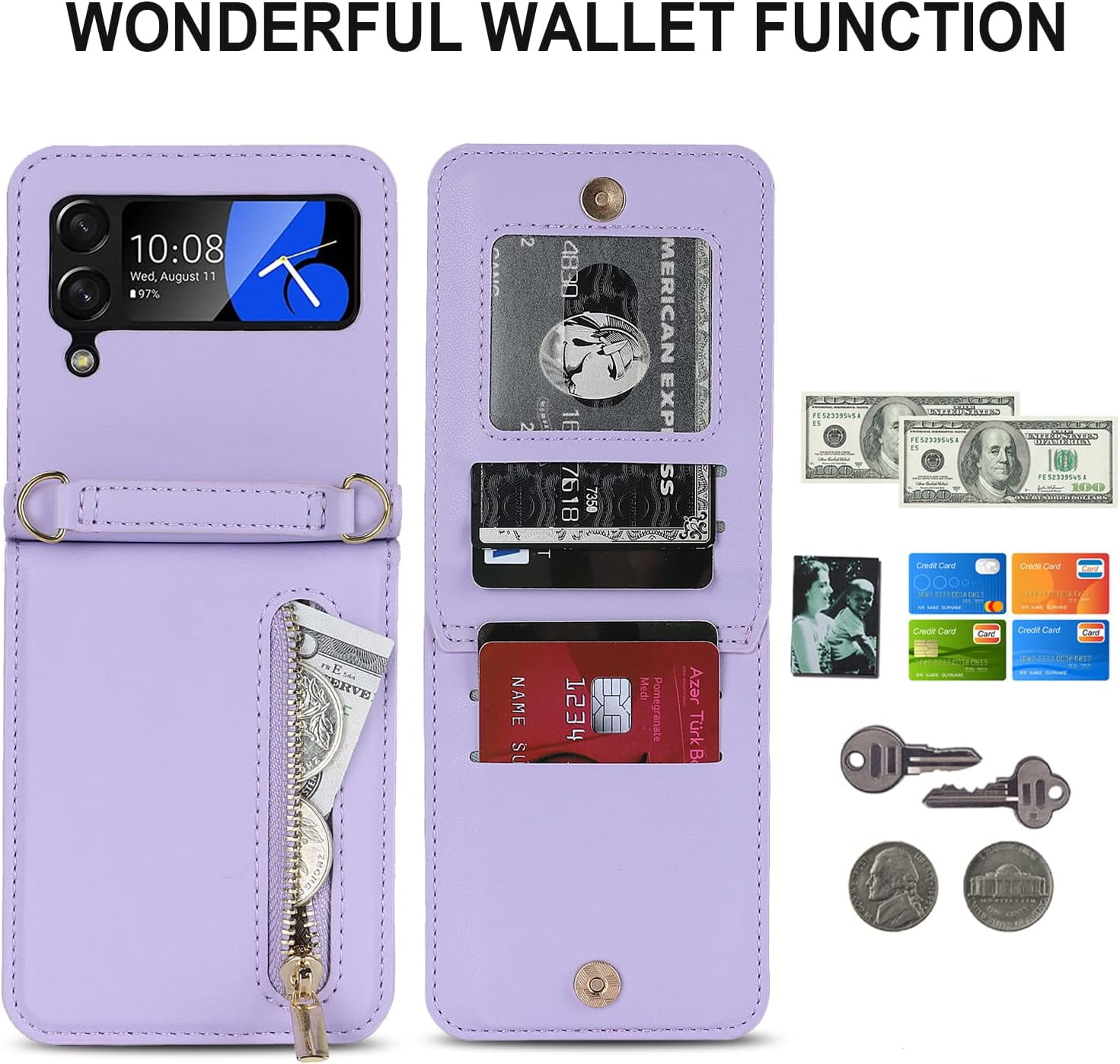Phone Case for Samsung Galaxy Z Flip 3 5G 2021 Wallet Cover with Credit Card Holder Zipper Slot Crossbody Strap Lanyard Leather Stand Cell Accessories ZFlip3 Z3 Flip3 3Z Women Girls Purple