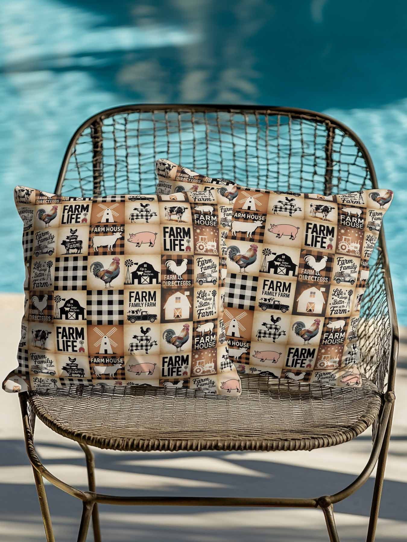 Outdoor Pillows Waterproof, Farmhouse Checkered Bedding Throw Pillows with Insert for Couch Sofa Bed, Rustic Retro Farm Life Assembling 18x18 Inch Pillowcases Decorative Patio Pillow Set of 2