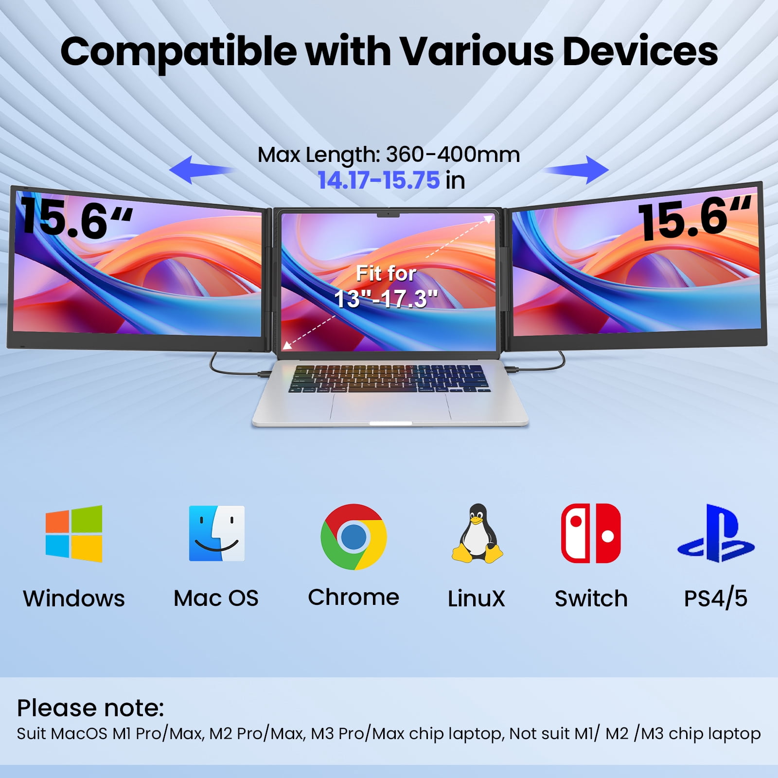 Tlscon 15.6”Laptop Screen Extender, 1080P IPS Triple Portable Extended Display, Laptop Monitor Extender for 13-17.3" , Plug & Play Compatible with Windows/Mac/Android