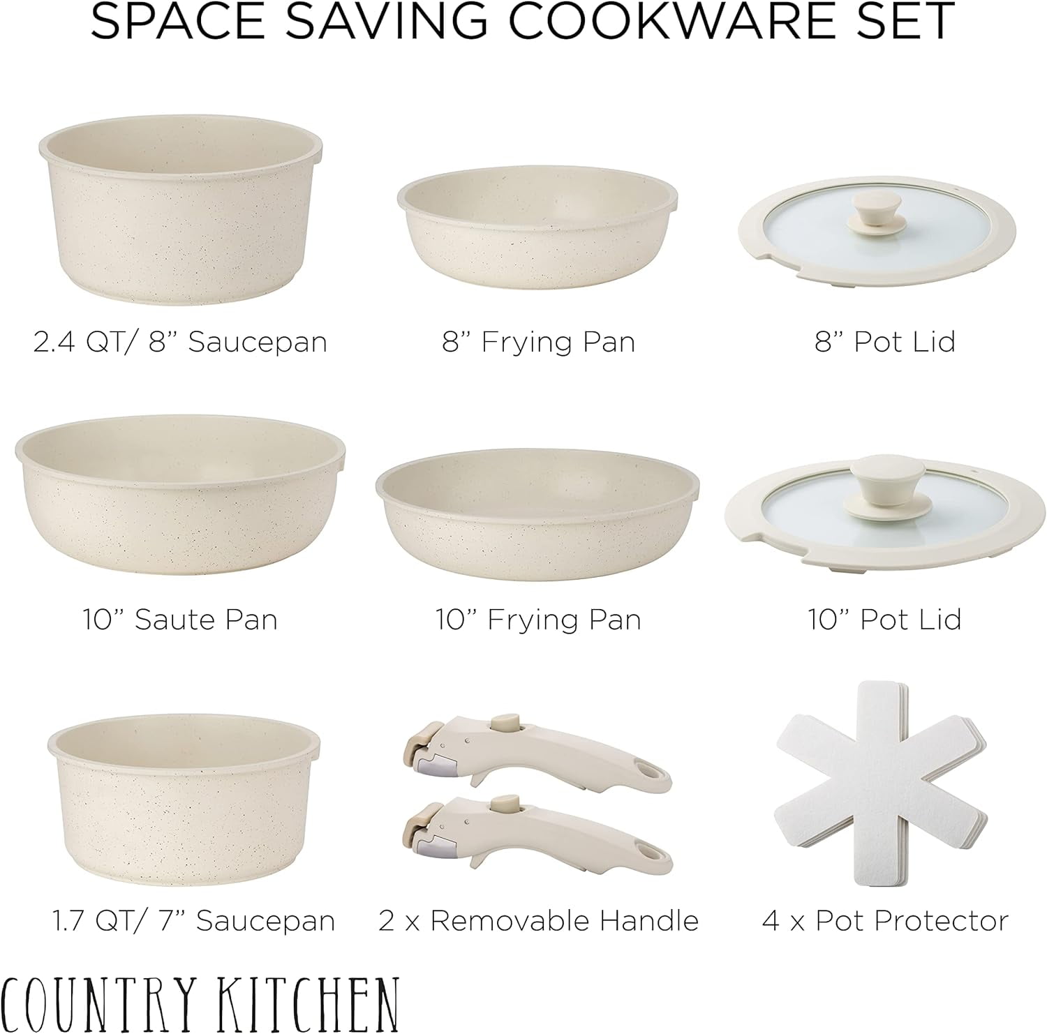 Country Kitchen 13-Pc Pots and Pans Set with Removable Handles Nonstick Cookware Set, Cream