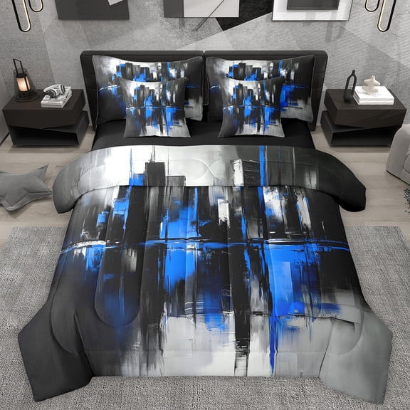 Manfei Blue Abstract Ombre Twin Bedding Sets 7-Piece, Aesthetic Watercolor Art Bedding Comforter Set, Fashion Modern Stripes Reversible Sheet Sets, Luxury Bedroom Decor