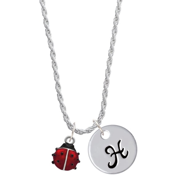 Delight Jewelry Silvertone Mini Red Translucent Ladybug Silvertone Script Initial Disc - H - Charm Necklace, 20"+3"