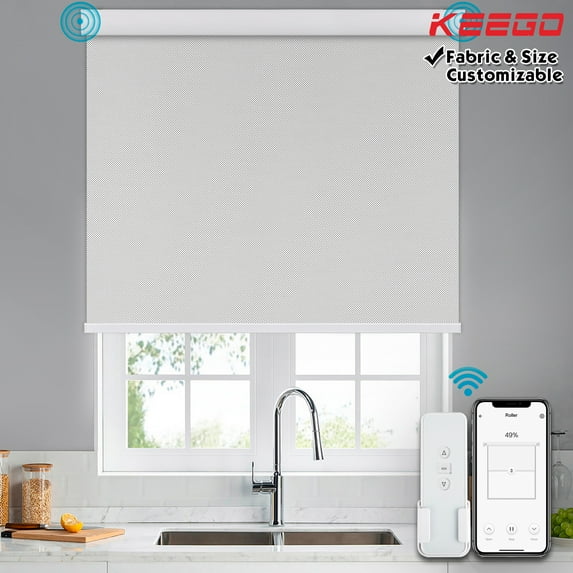 Keego Roller Sun Shade Motorized Blinds Smart Blind Blackout Window Roller Shade with Valance Insulation Remote Control Custom Rechargeable Battery Child Safety Gray 50"w x 68"h