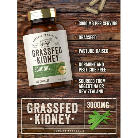 Grassfed Beef Kidney | 3000mg | 200 Capsules | by Herbage Farmstead