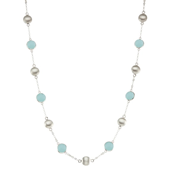 5th & Main Sterling Silver Bead and Bezel three stations Necklace with Aqua Chalcedony Round Gemstones