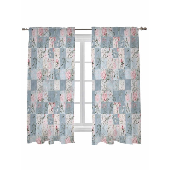 Blue Pink Botanical Curtains 72 Inch Length, Sheer Curtains for Bedroom Living Room Window Spring Floral Vintage Rod Pocket Voile Drapes Kitchen Curtains Small Half Window 52"x72" 2 Panels