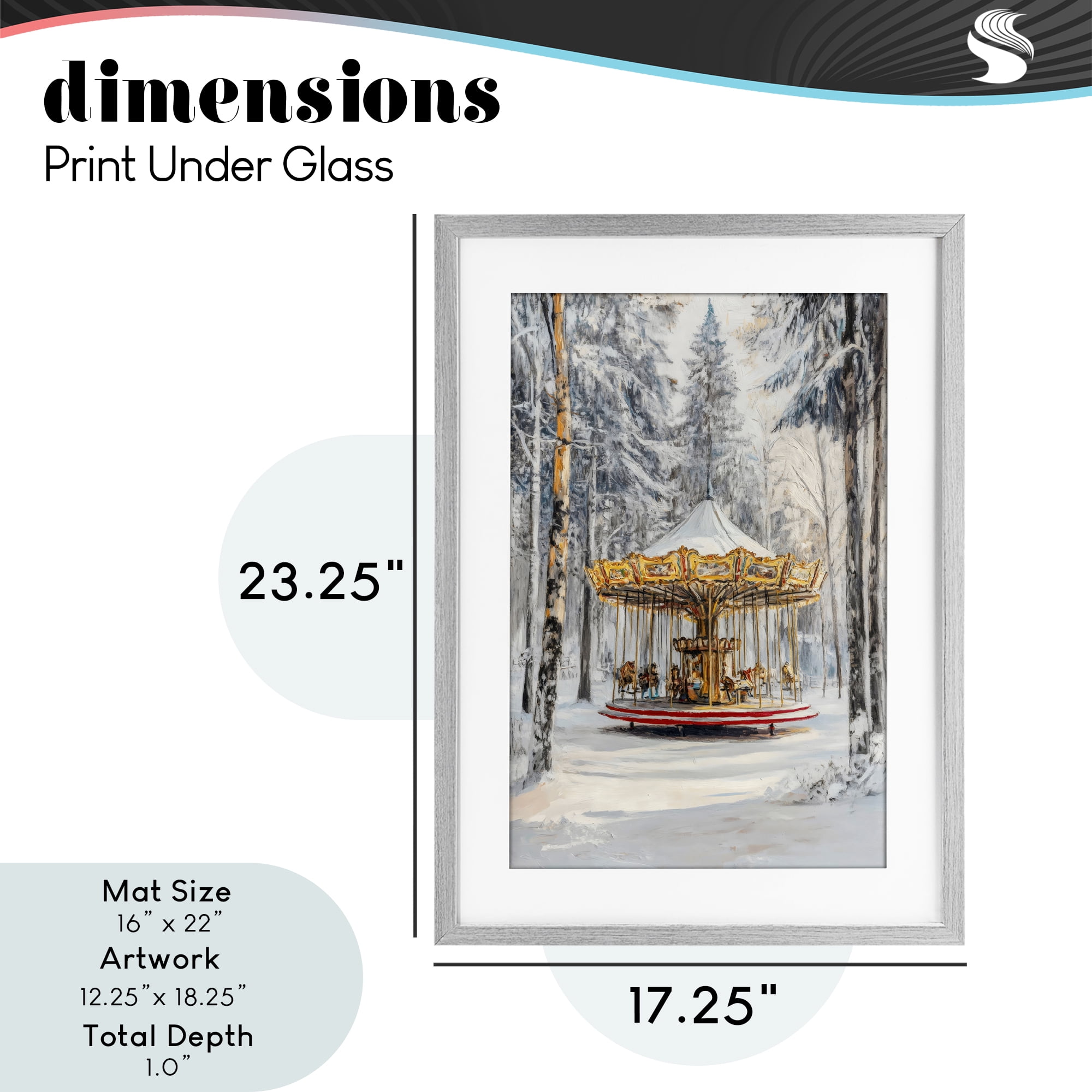 Winter Wonderland Carousel Gray Framed Print Under Glass, design by Petal Prints Design