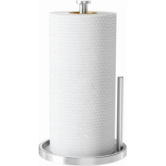Countertop paper towel holder, vertical roll holder with non-slip weighted base, stainless steel freestanding kitchen paper towel holder