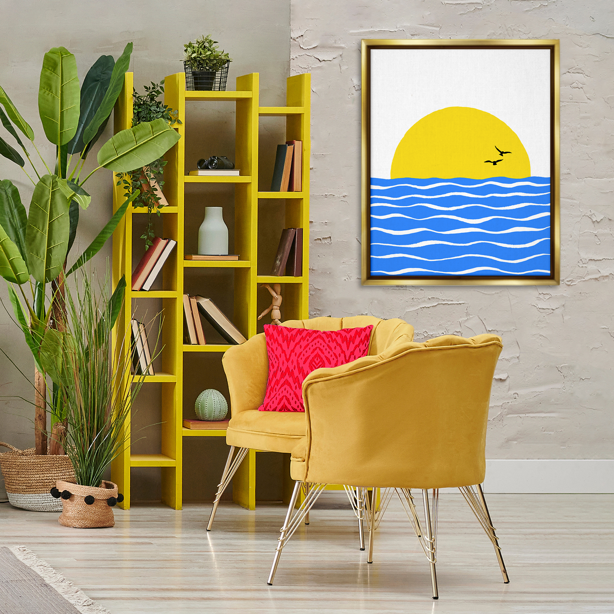 Stupell Industries Birds & Blue Sea Nautical & Beach Painting Gold Floater Framed Canvas Art Print Wall Art, 25 x 31