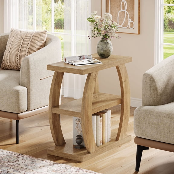 Finmind 3 -Tier Narrow End Table, 23.62.Inch Side Table with Storage and Geometric Frame for Living Room, Tall Nightstand for Bedroom, Small Spaces, Rustic Brown