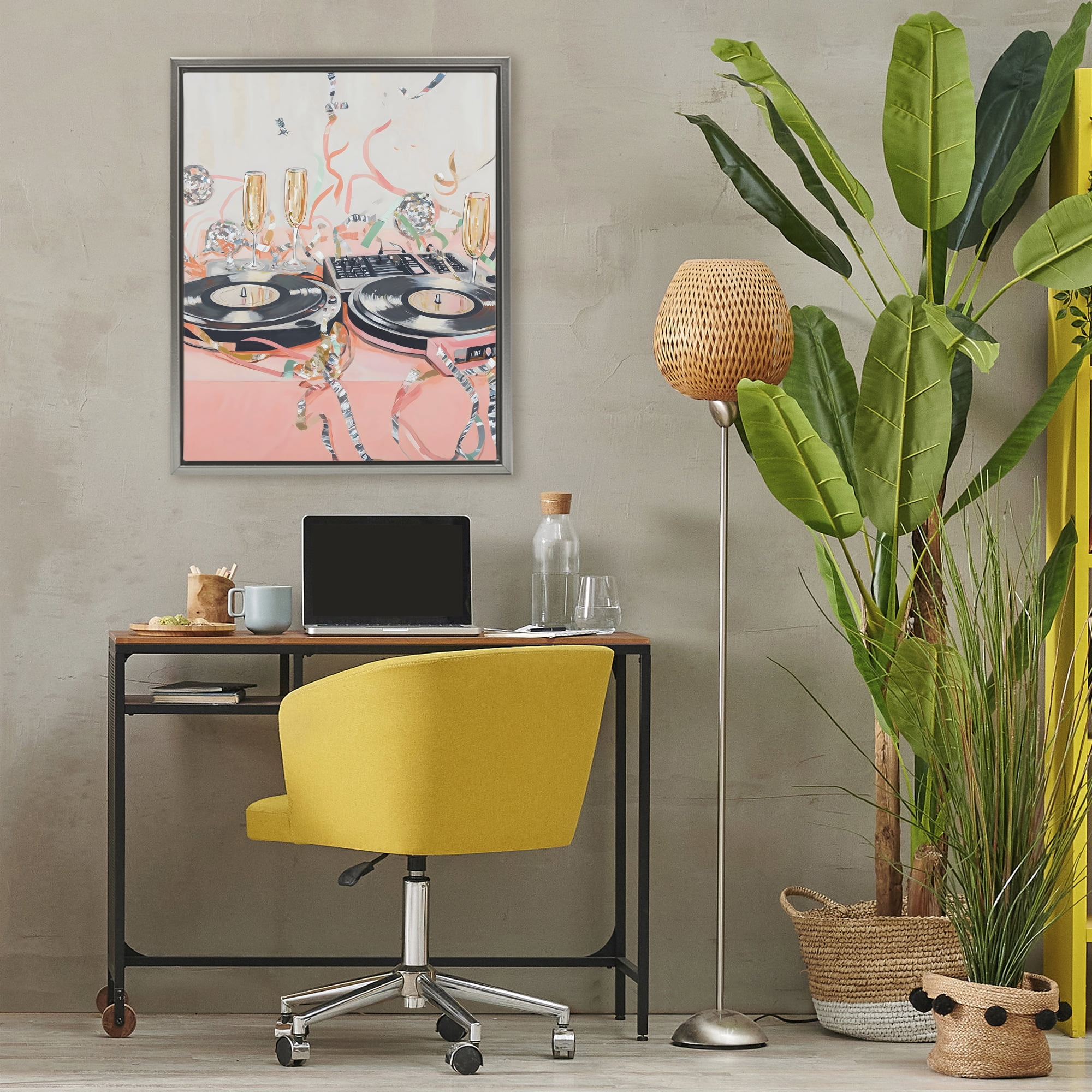 Stupell Industries Retro Turntable & Champagne Party Gray Framed Floater Canvas Wall Art, design by The Prints Vibe