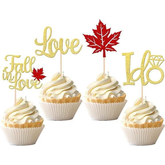 Fall in Love Cupcake Toppers, Glitter Maple Leaf, I Do, Love Picks for Wedding, Bridal Shower, Engagement Party, 12 PCS