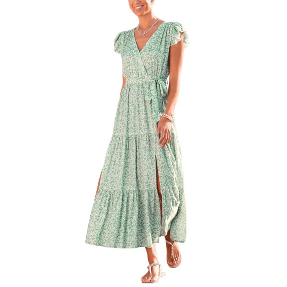 LASCANA Women's Flutter Sleeve Maxi Dress Bow