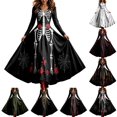 thumbnail image 4 of Huowey Gothic Skeleton Dresses Flowy Halloween Witch Women Elegant Cosplay Party Gown Long Sleeve V-Neck Trendy Photo Dress,Black,L, 4 of 6