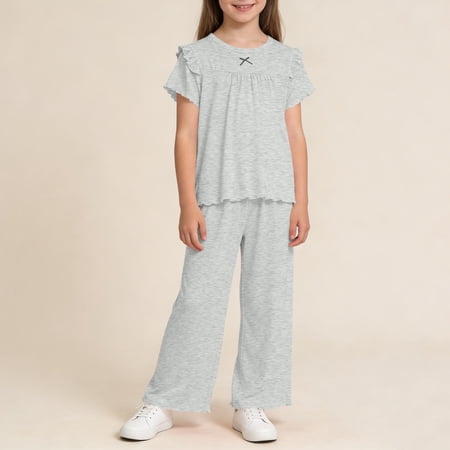 BRGZLK Girl s Loungewear Set Summer Solid Color Soft Comfortable Short Sleeve Long Pants Set Lightweight Cute Lace Trim Princess Style 2 Piece Outfits Gray 15-16 Years