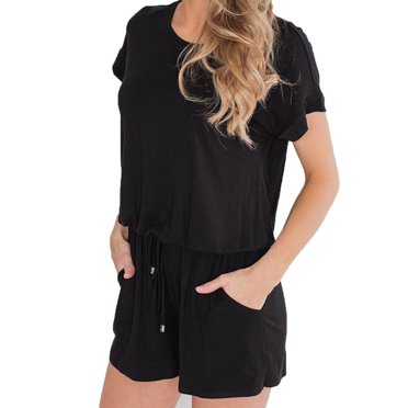 Women's Striped Short Sleeve Romper – Casual Loose Fit Jumpsuit With Pockets & Keyhole Back