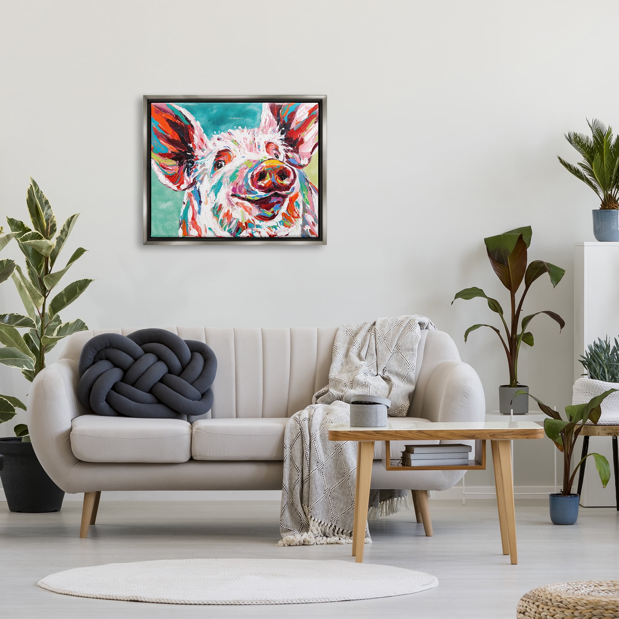 Stupell Industries Brightly Painted Pig Luster Gray Framed Floating Canvas Wall Art, 24x30, by Carolee Vitaletti