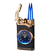 ZZkhGO Double Fire Blue Flame Lighter, Quartz Watch Metal Windproof Lighter, Refillable Butane Torch for Cigars and Outdoor