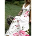 thumbnail image 3 of V-Neck Floral Print Maxi Dress In Style: Pink Roses And Green Leaves On White Background, Casual Elegant Long Dress, 3 of 5