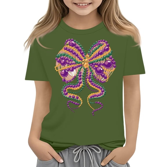 Abcomgle Mardi Gras Shirts for Girls Size 6-8 Carnival Bownot Beads T Shirts for Girls Crewneck Short Sleeve Shirts for Kids Spring Funny Holiday Blouses for Girls