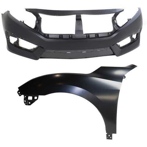 Bumper Cover Kit For 2016-2018 Honda Civic Si Model Front Primed with Fender