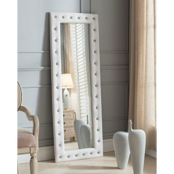 White Tufted Leather Upholstered Modern Standing Floor Mirror