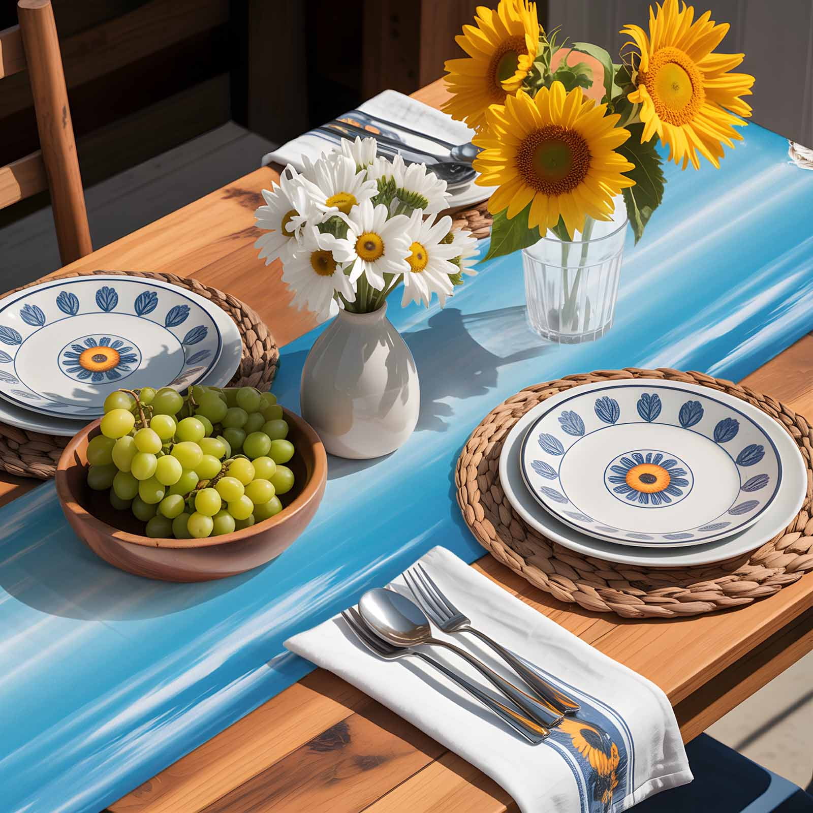 Sea Cow with Swimming Ring Sunglasses Table Runner 90 Inches Long, Summer Blue Sky Table Runners Tabletop Scarf Kitchen Dining Tables Decoration for Home Party Indoor Outdoor