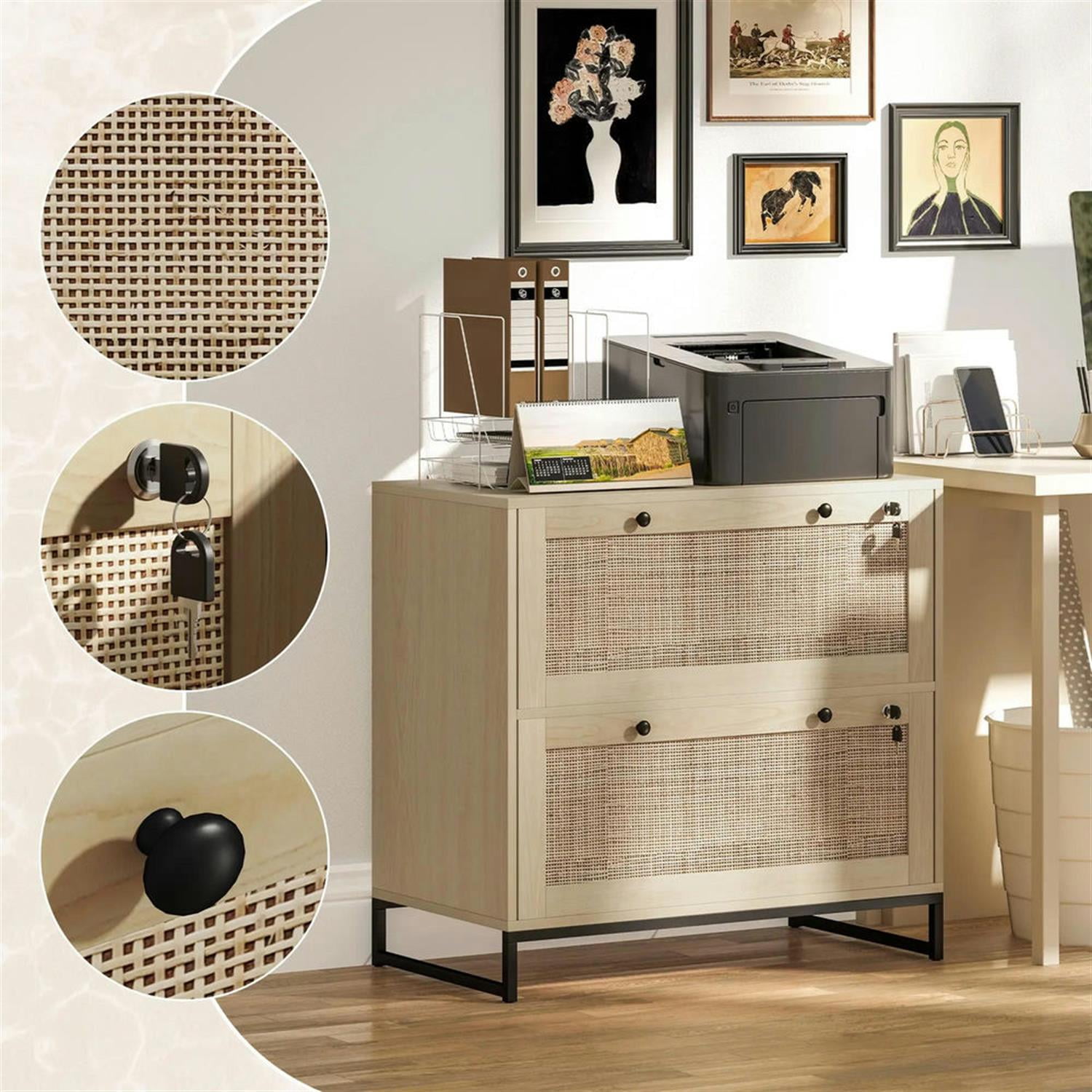 Demi Bonn Boho 2-Drawer Filing Cabinet with Adjustable Hanging Bar, for Letter, A4 and Legal Size, Home Office, Lockable File Cabinet, Beige