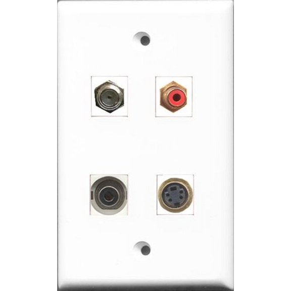 RiteAV 1 Port RCA Red and 1 Port Coax Cable TV- F-Type and 1 Port S-Video and 1 Port 3.5mm Wall Plate