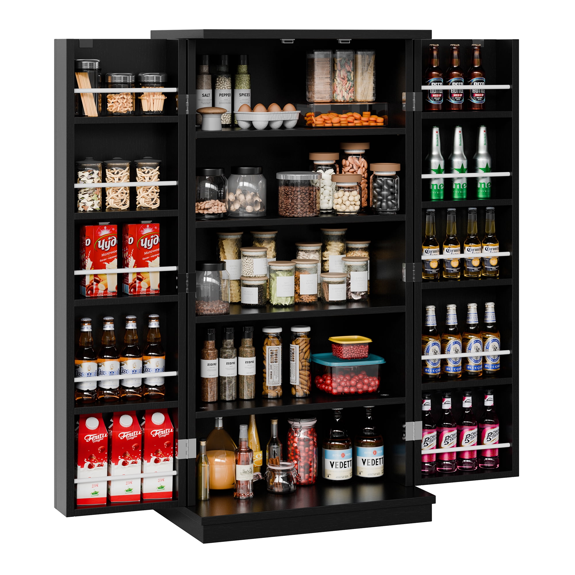 Walsunny Pantry Food Storage Cabinet 47" Free Standing Craft Cupboard with Doors Adjustable Shelves for Kitchen Entryway Dining Room Bathroom Black
